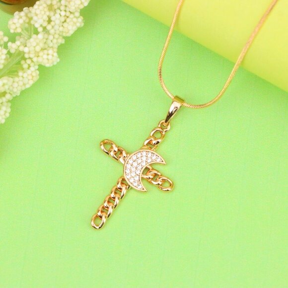 "Rose Gold Chain Cross Pendant with CZ Crescent Accent, XPPT1263 - Picture 5 of 13